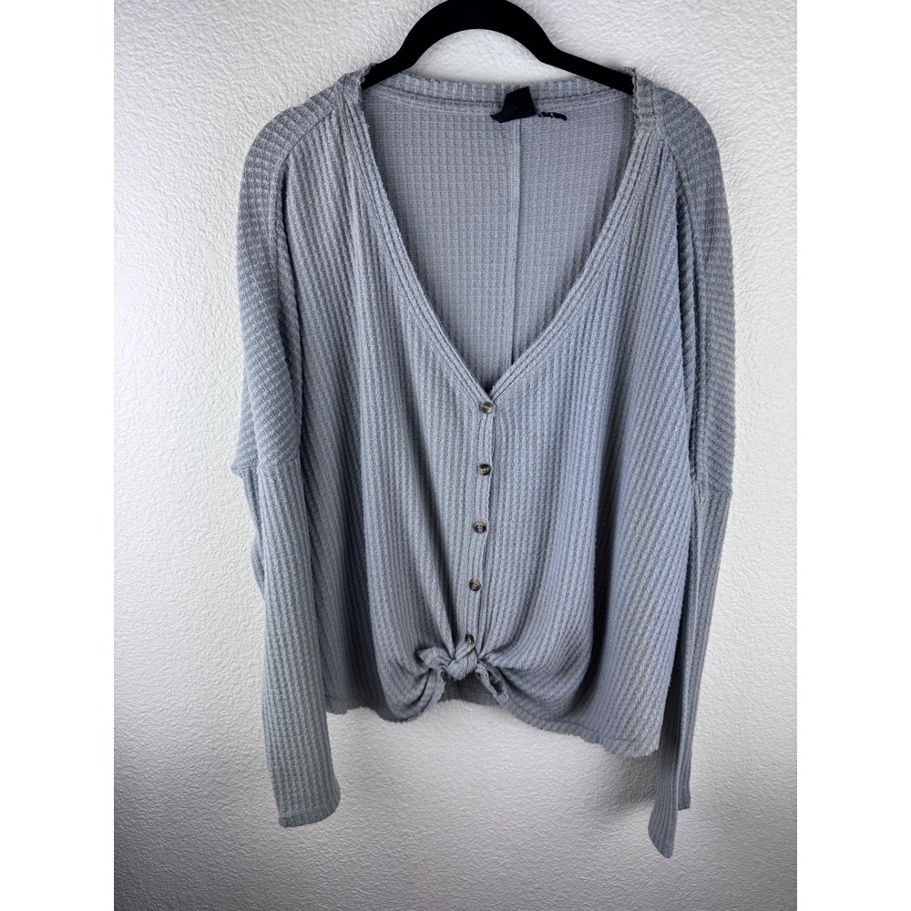 Out From Under Urban Outfitters Grey Waffle‎ Knit Button Front Long Sleeve Top M
